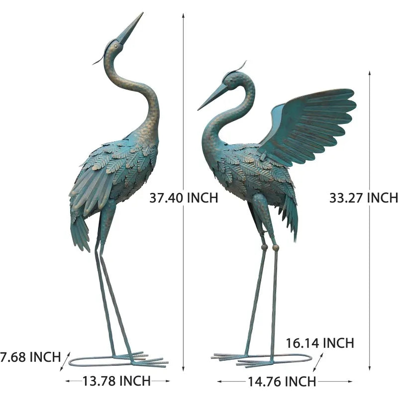 33-37 Inch Crane Statues Set of 2, Spread Wings Metal Bird Sculpture for Outdoor Lawn & Patio