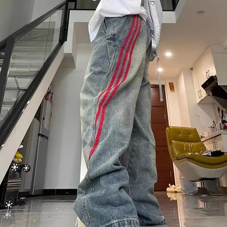 Vintage American Style High-Waisted Striped Color Blocking Jeans New Couple Model Loose Fit Bell Bottoms Fashion Sensibility Des
