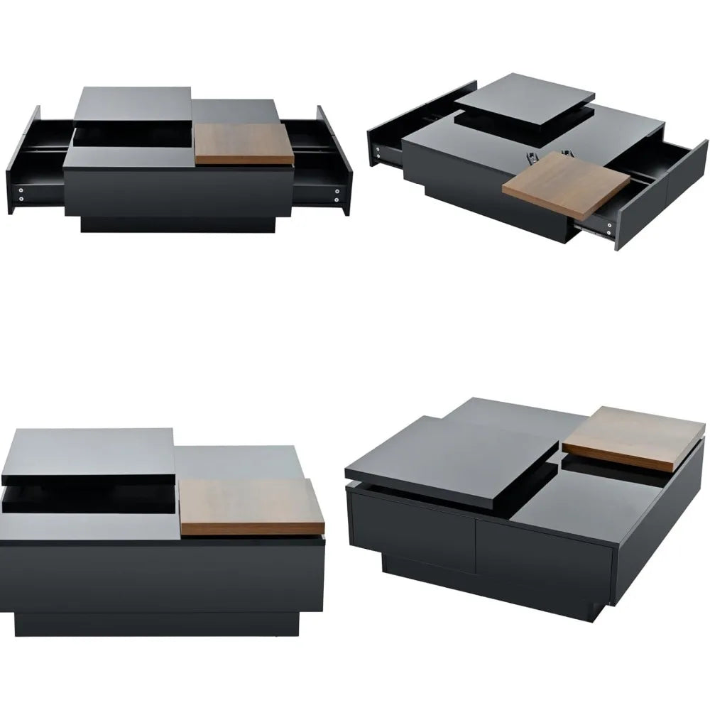 Merax Square Coffee Table with High Gloss Finish and 4 Hidden Drawers for Living Room Storage in Black