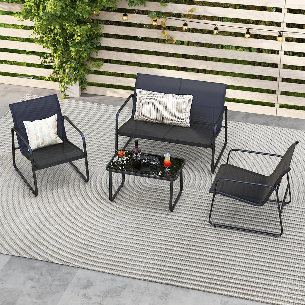 4 Pieces Patio Furniture Set Outdoor Tempered Glass Coffee Table Chair Loveseat