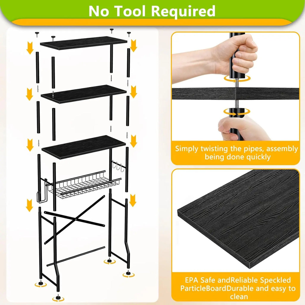 4-Tier Over-The-Toilet Storage Rack with Adjustable Shelf and Basket, Freestanding Space Saver for Bathroom (Black)