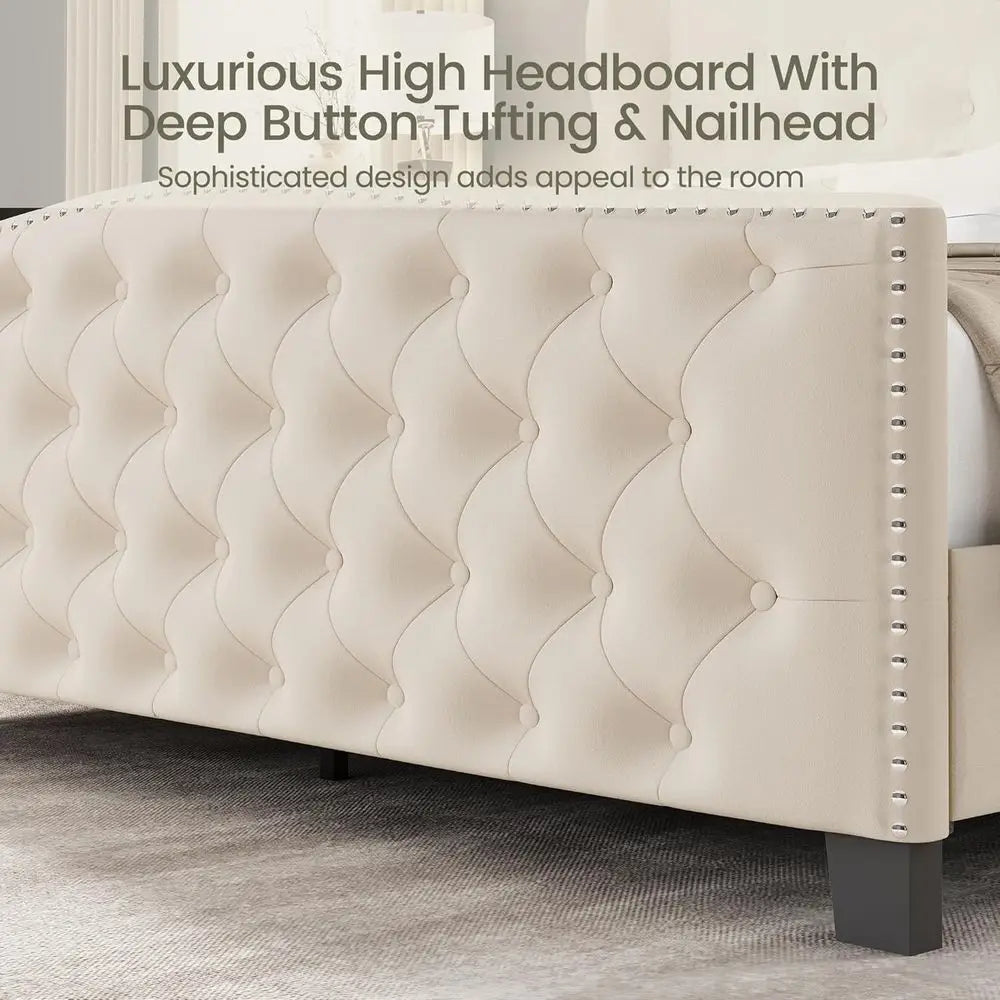 Velvet Wingback Queen Bed Frame with Deep Button Tufted Platform and Wood Slat Support, No Box Spring Needed.，Customized