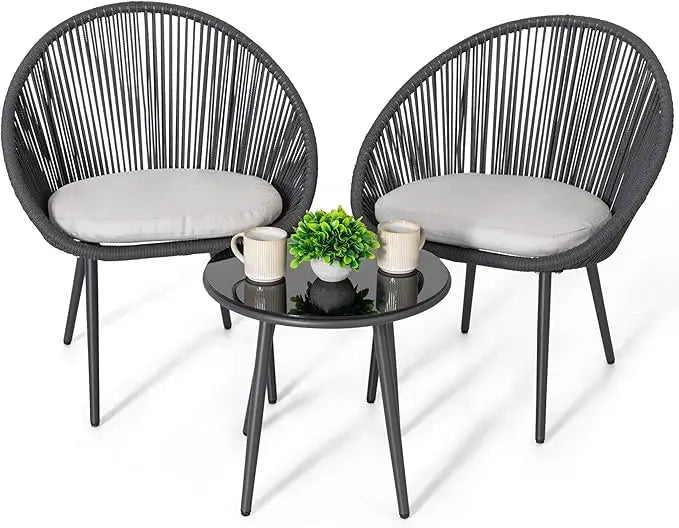 3 Piece Outdoor Bistro Set, Woven Rope Conversation Patio Set, All Weather Patio Furniture Chairs and Table with Cushions