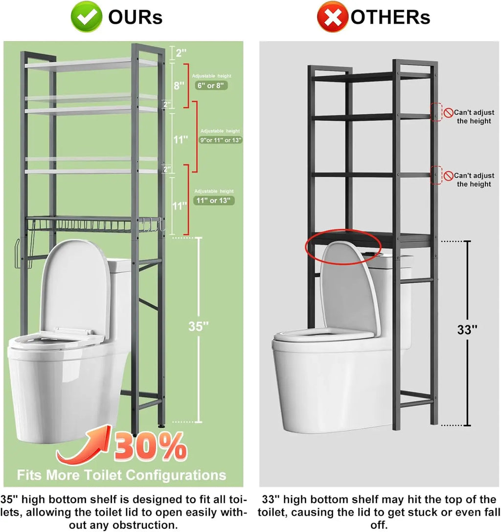 4-Tier Over-The-Toilet Storage Rack with Adjustable Shelf and Basket, Freestanding Bathroom Organizer in Gray-White