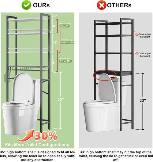 4-Tier Over-The-Toilet Storage Rack with Adjustable Shelf and Basket, Freestanding Bathroom Organizer in Gray-White