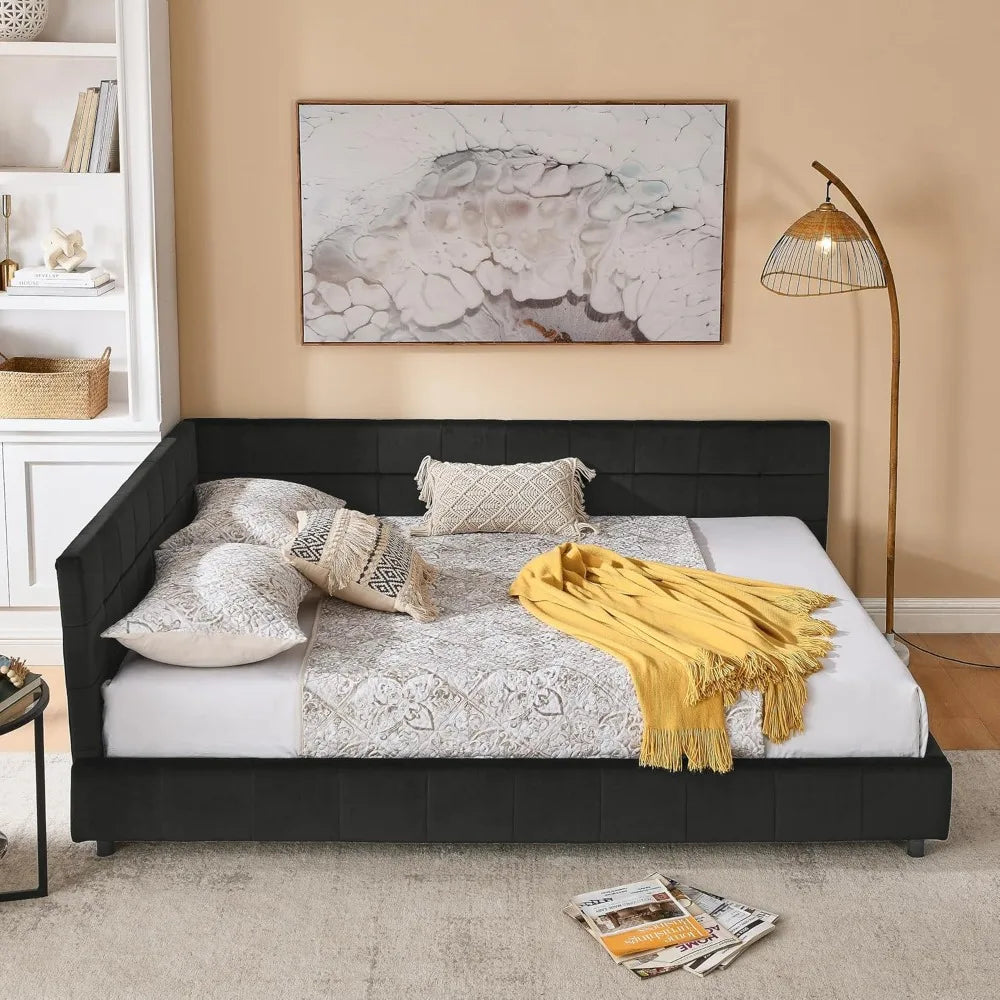 SOFTSEA Queen Size Upholstered Corner Daybed, Modern L-Shaped Daybed with Tufted Backrest, Velvet Corner Bed Floor Bed Frame wit