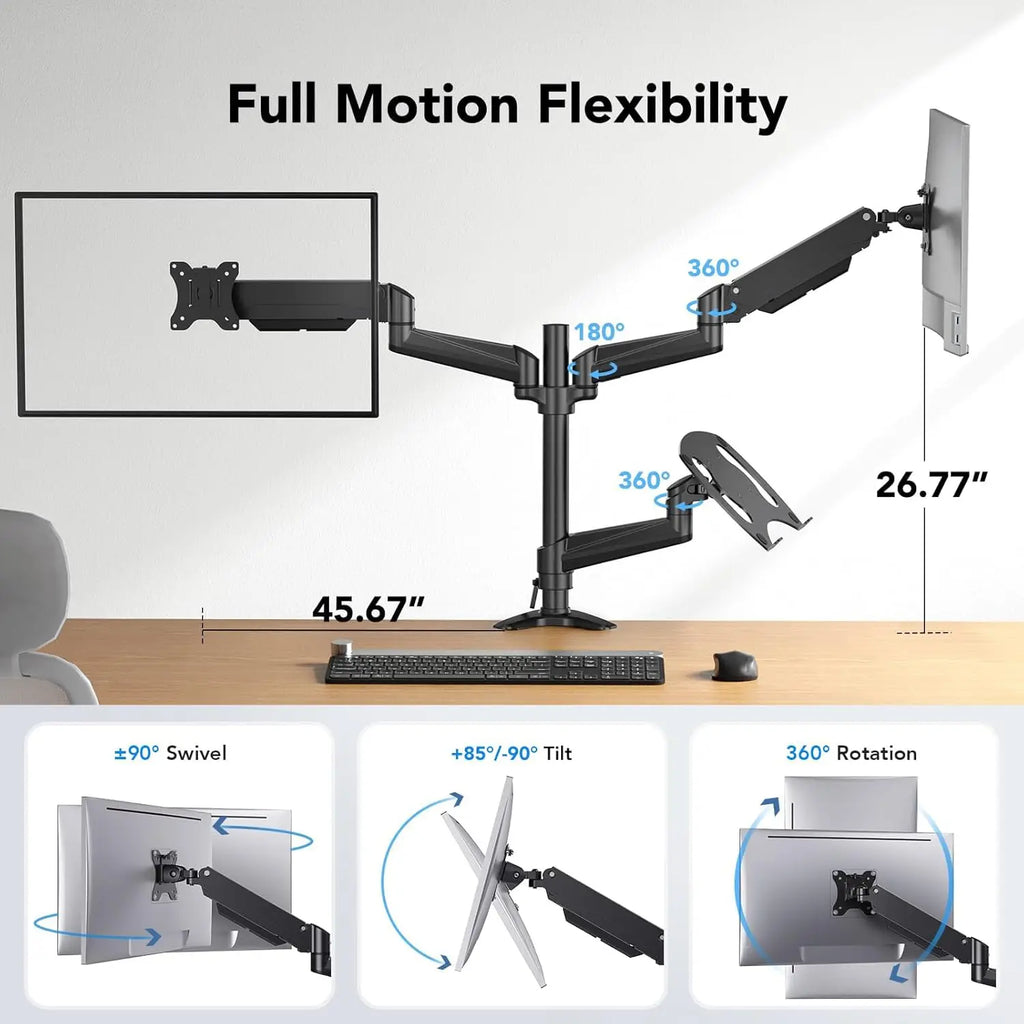 Dual Monitor and Laptop Mount for 32" Screen, Adjustable Arm with Tilt Swivel Rotation, VESA Bracket 75/100mm
