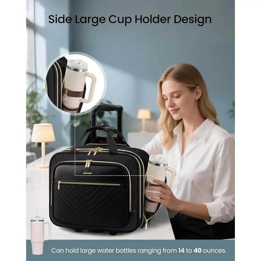 17.3 Inch Rolling Laptop Bag for Women - Wheeled Briefcase, Travel and Underseat Carry-On Luggage, Black