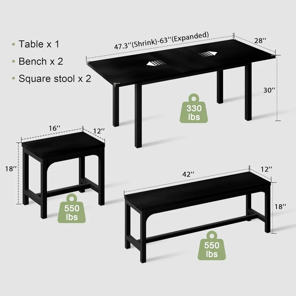 Feonase 5-Piece Dining Set for 4-8 Guests, 63 Extendable Kitchen Table with 2 Benches and 2 Square Stools