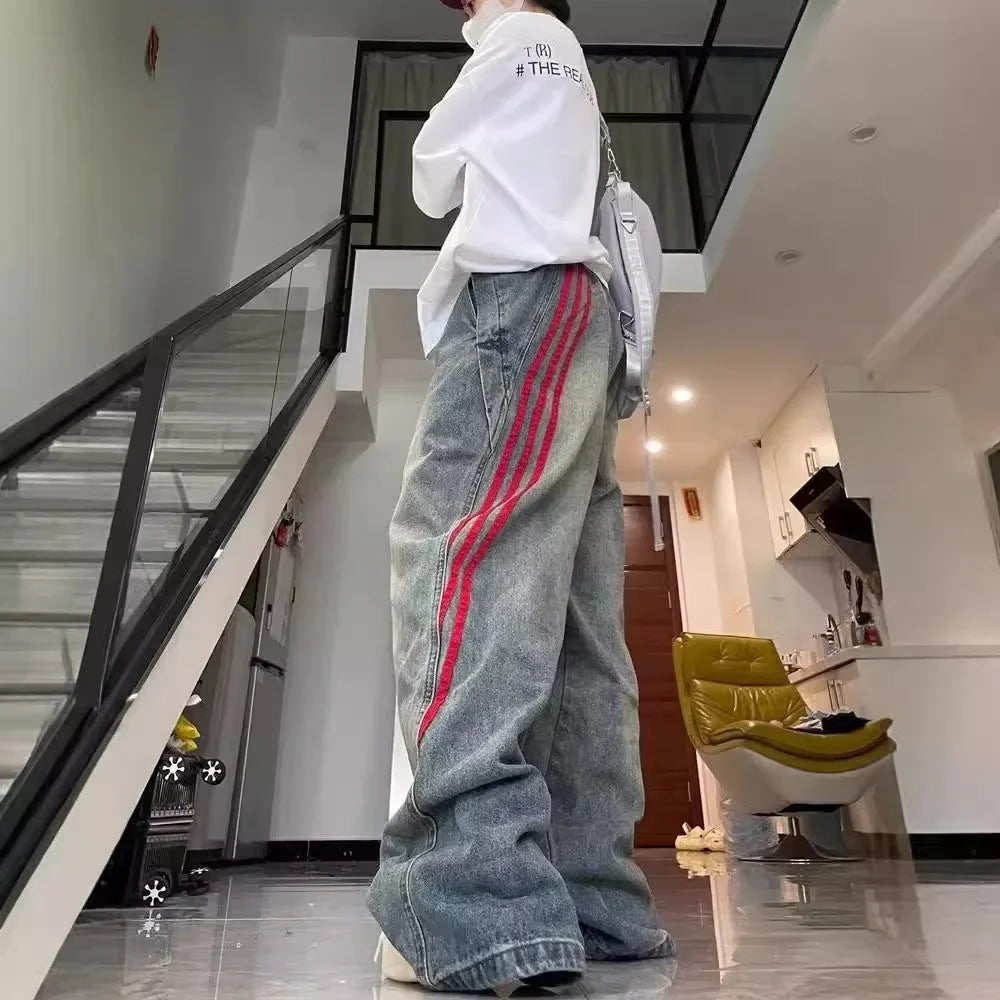 Vintage American Style High-Waisted Striped Color Blocking Jeans New Couple Model Loose Fit Bell Bottoms Fashion Sensibility Des