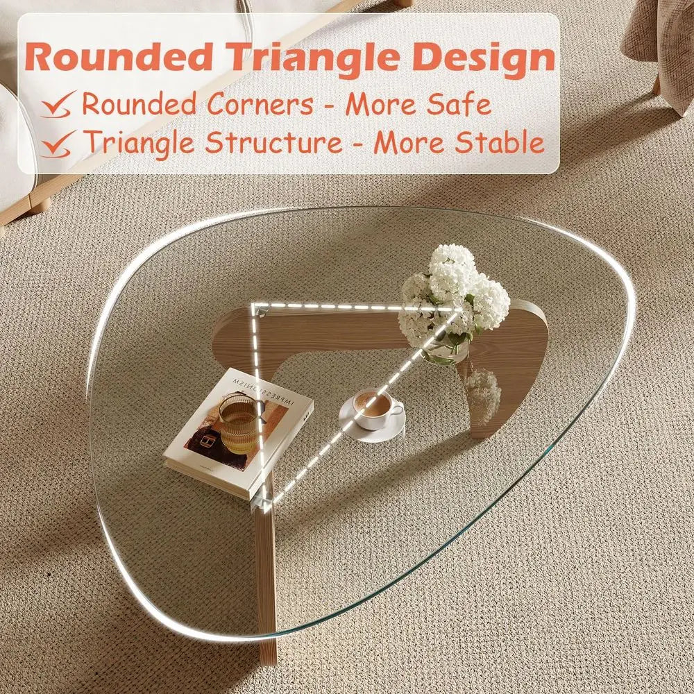 Coffee Table for Living Room and Small Spaces, 43.3 x 29.5 x 15.8 Tempered Glass Table Top and Eco-friendly MDF Base, Natural Wo