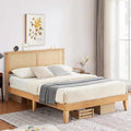 Queen Size Rattan Bed Frame with Natural Headboard, Bohemian Style, LED Lighted Wooden Bed