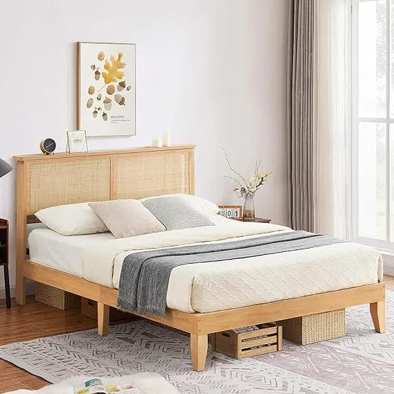 Queen Size Rattan Bed Frame with Natural Headboard, Bohemian Style, LED Lighted Wooden Bed