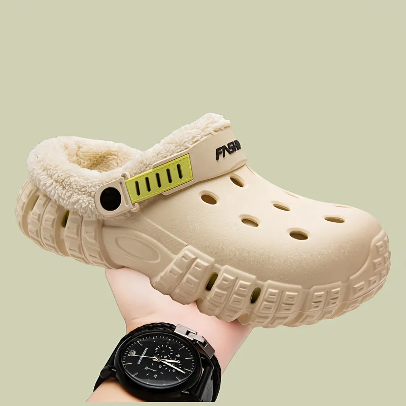 Unisex lined hole shoes, winter removable thick sole slippers with warm lining for outdoor use, thick and warm cold-proof