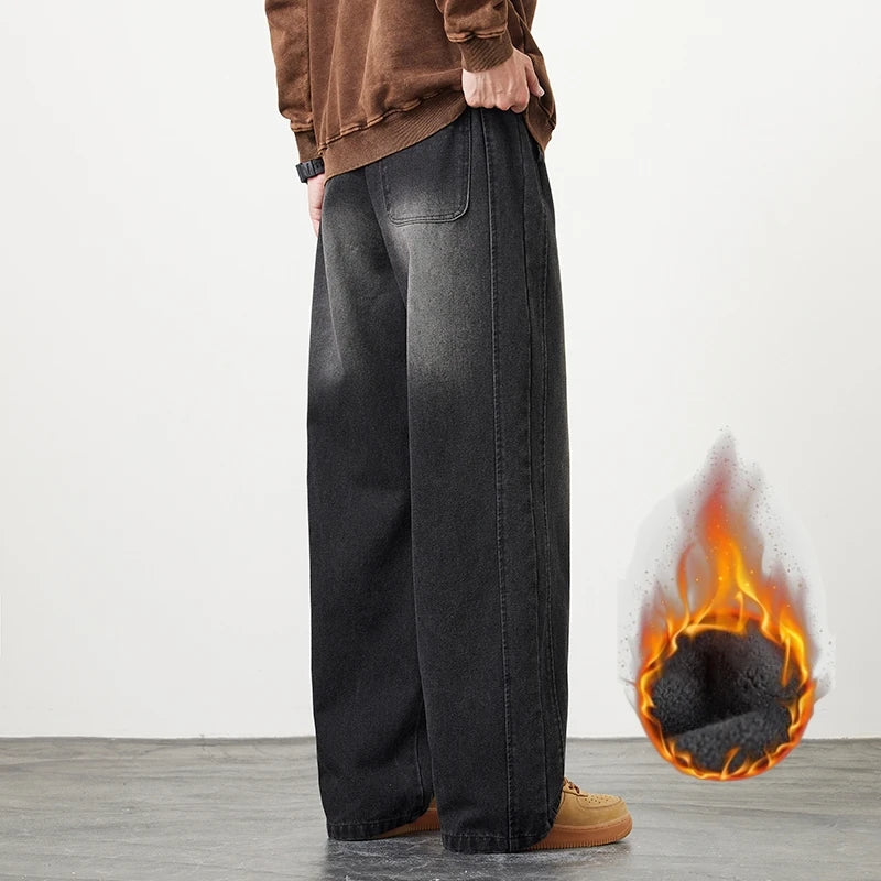 Winter Velvet Wide Leg Denim Jeans Men's Casual Loose Trousers Neutral Outdoor Fashion Pants Big Size 8XL