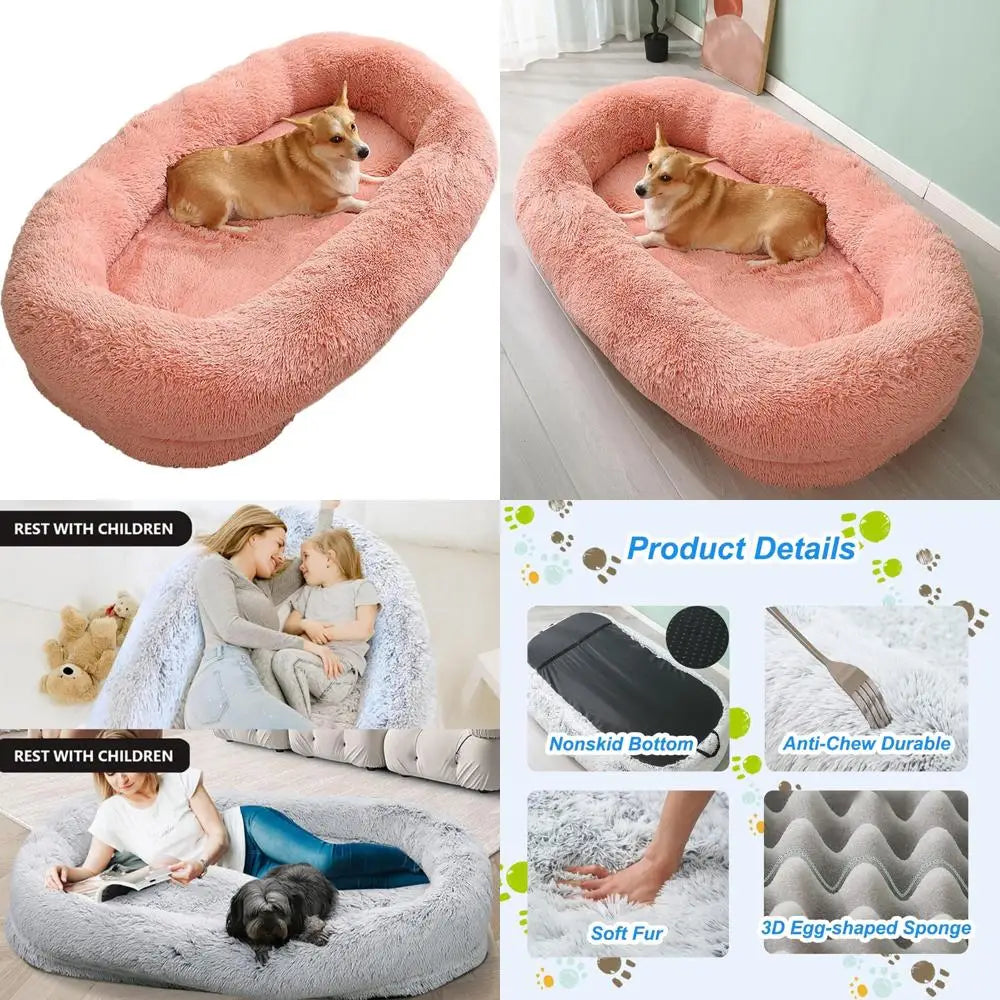 Giant Washable Faux Fur Dog Bed for Humans - Extra Large Nap Bed, Adult Oval Design, Comfortable Pet Bedding