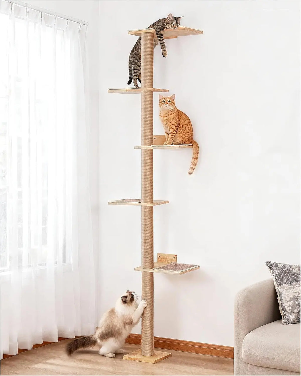 80-Inch Wall-Mounted Cat Tree with Adjustable Perches for Large Cats, Floor-to-Ceiling Climbing Tower