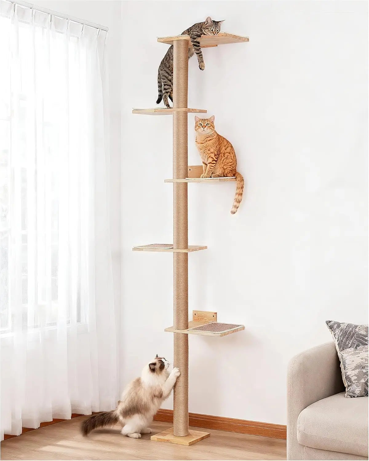 80-Inch Wall-Mounted Cat Tree with Adjustable Perches for Large Cats, Floor-to-Ceiling Climbing Tower