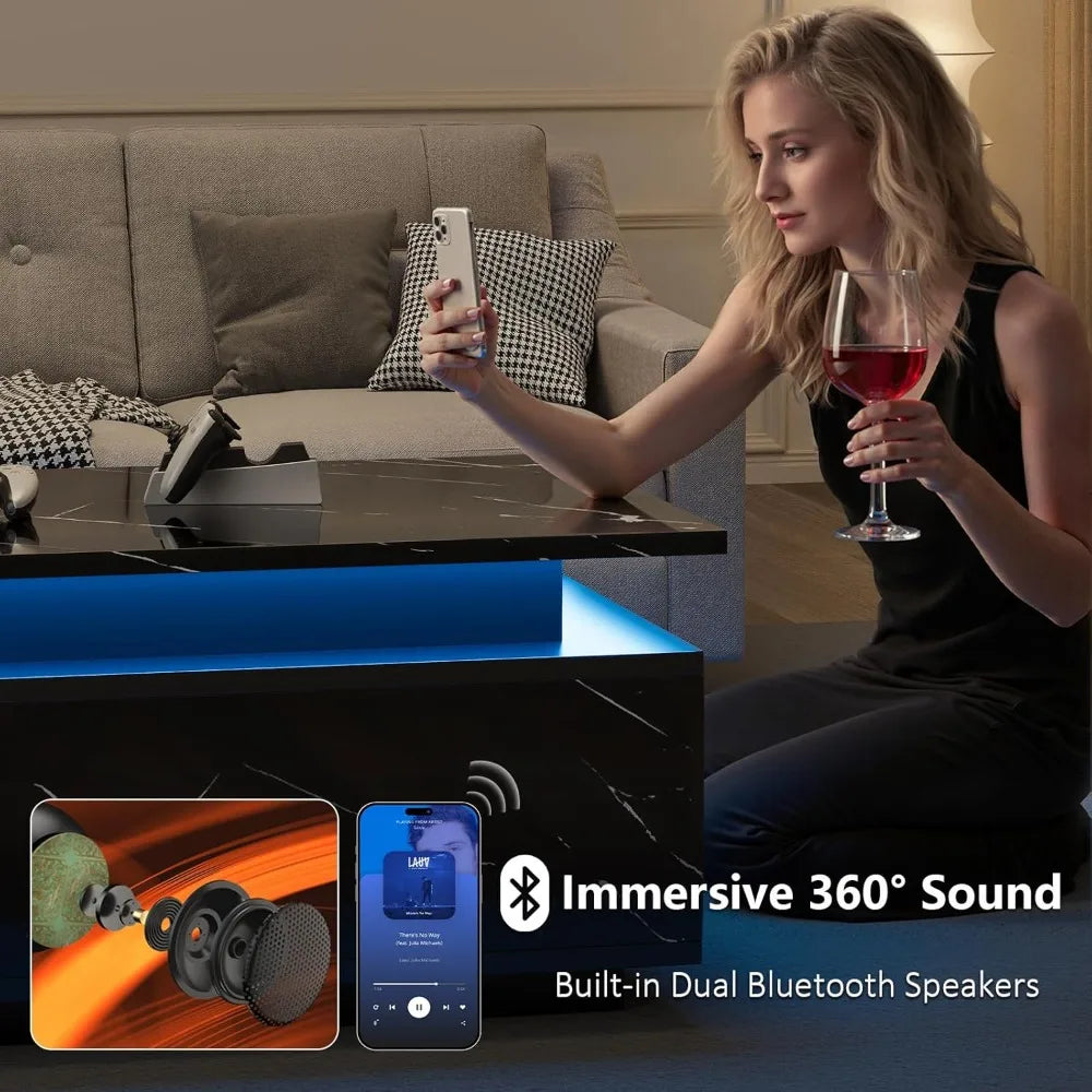 LED Coffee Table with Storage, Black Coffee Table with Wireless Charging and Speaker, High Glossy Modern Center Table with 24 Co