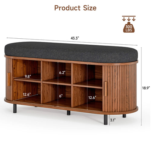 43.3 inch Shoe Storage Bench, 3 Tier Shoe Rack Bench Organizer with Storage, Cushion and Sliding Door Removable