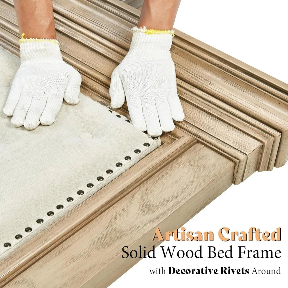 King Size Solid Wood Farmhouse Bed Frame with Upholstered Headboard, Architectural Style, No Box Spring Needed