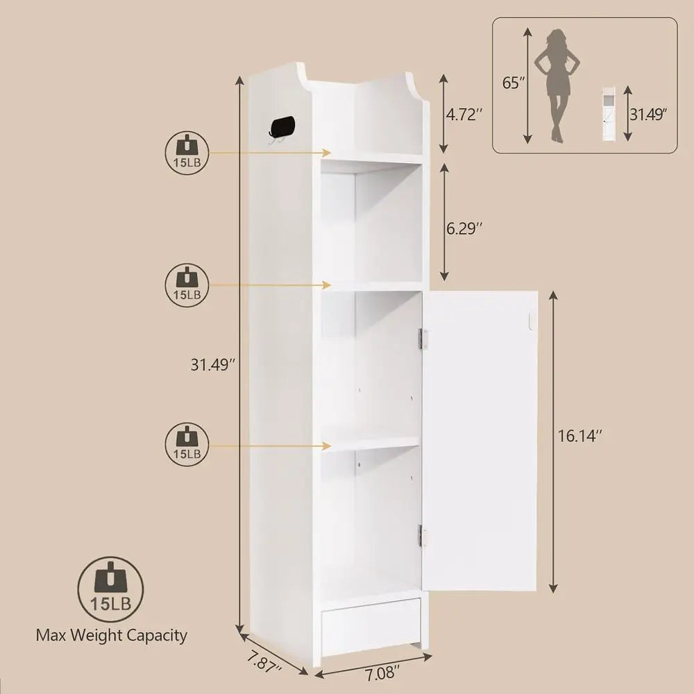 Bathroom Storage Cabinet, Toilet Paper Storage, Floor Cabinet with Door and Adjustable Shelves, Organizer for Small Spaces, Whit