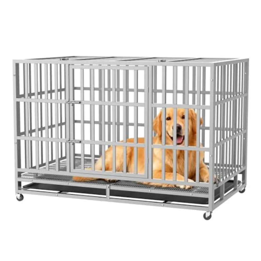 48 Inch Heavy Duty Indestructible Dog Crate Steel Escape Proof Indoor Double Door High Anxiety Cage with Wheels Removable Tray