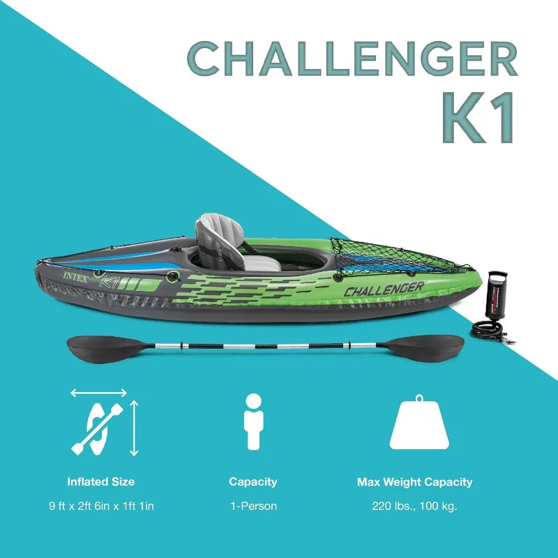 Challenger K1 1 Person Durable Vinyl Streamline Sporty Kayak with Inflatable Seat and Backrest, Oar, Pump, Carrying Bag