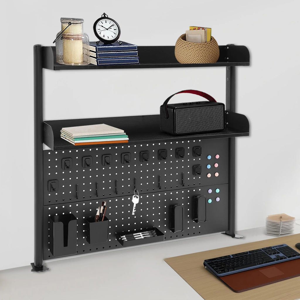 Clamp on Desk Shelf with Pegboard, Desk Extender Pegboard Workstation, Desktop Bookshelf Storage Shelves for Home Office Dorm