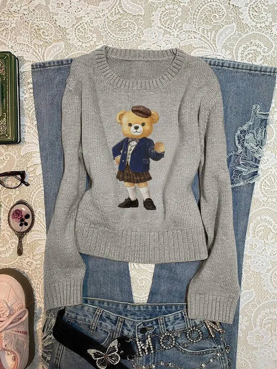 Navy Blue Collegiate Bear Print Pullover Sweater for Women, Autumn Winter Casual Style
