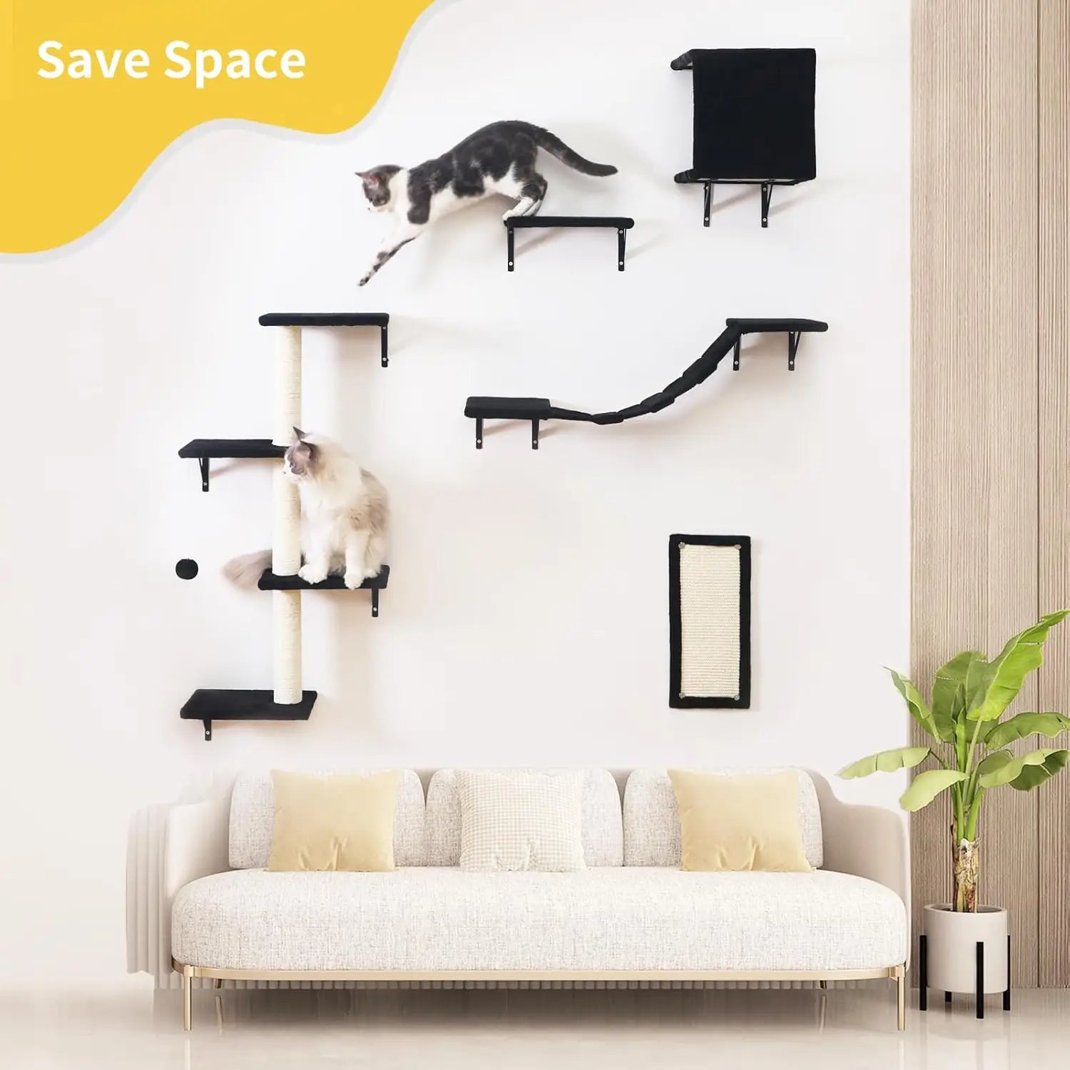 Wall-Mounted Cat Furniture Set - 5pcs Shelves with House, Bridge, Tree, Steps, Scratcher in Black