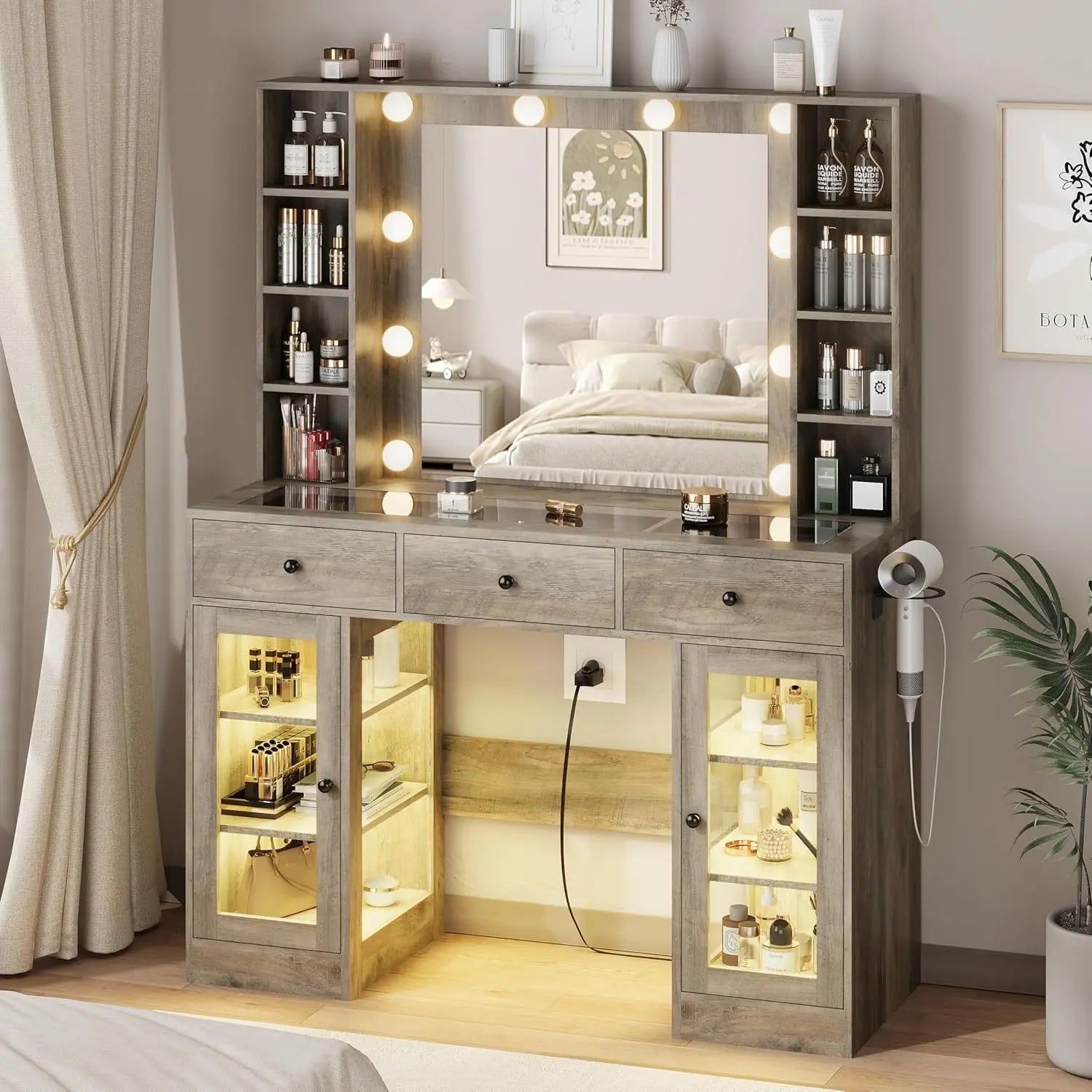 Purple Vanity Desk with Mirror and Lights, Glass Top Vanity with Lighted Mirror & RGB Glass Cabinet and 3 Drawers, Makeup Desk w