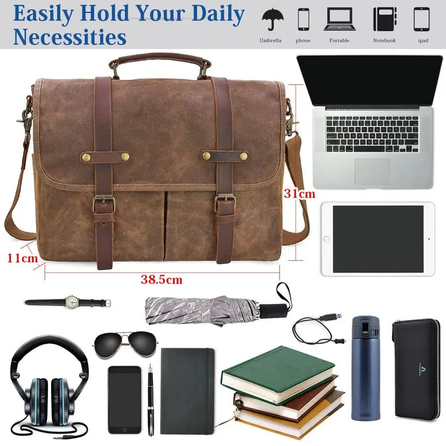 Messenger Bag 15.6 Inch Waterproof Vintage Genuine Leather Waxed Canvas Briefcase Large Leather Computer Laptop Bag Rugged Satch