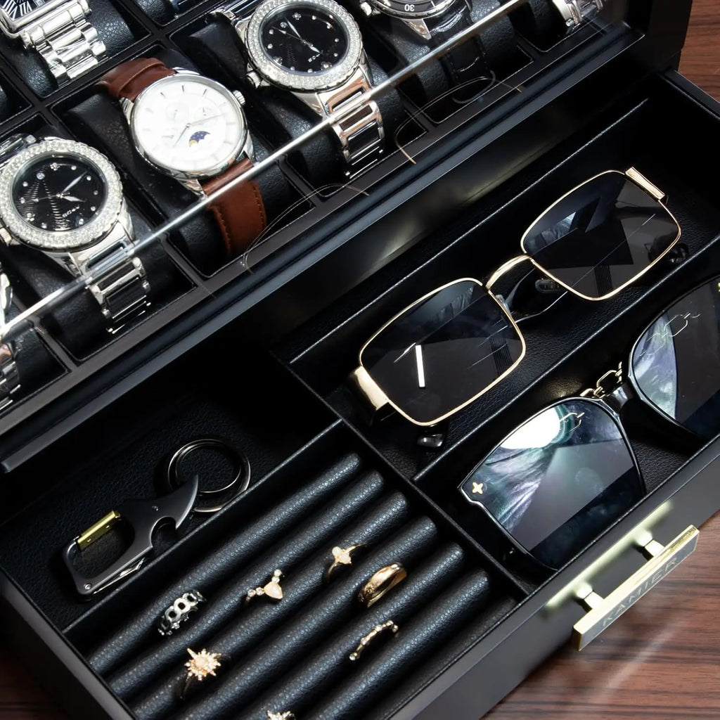 12-Slot Wooden Watch Case with Glass Lid and Drawer, Ideal Gift for Men and Women