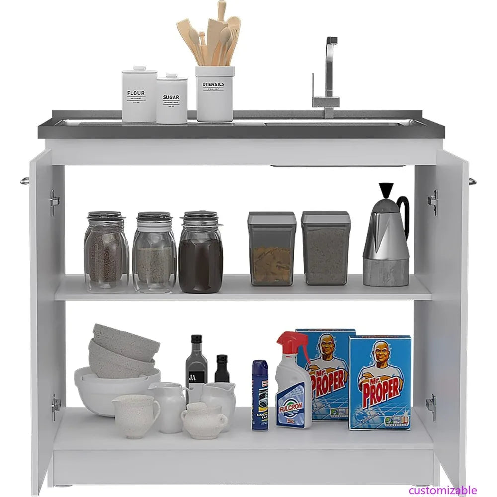 White Double Door Utility Sink Cabinet with 2 Shelves and Metal Handles
