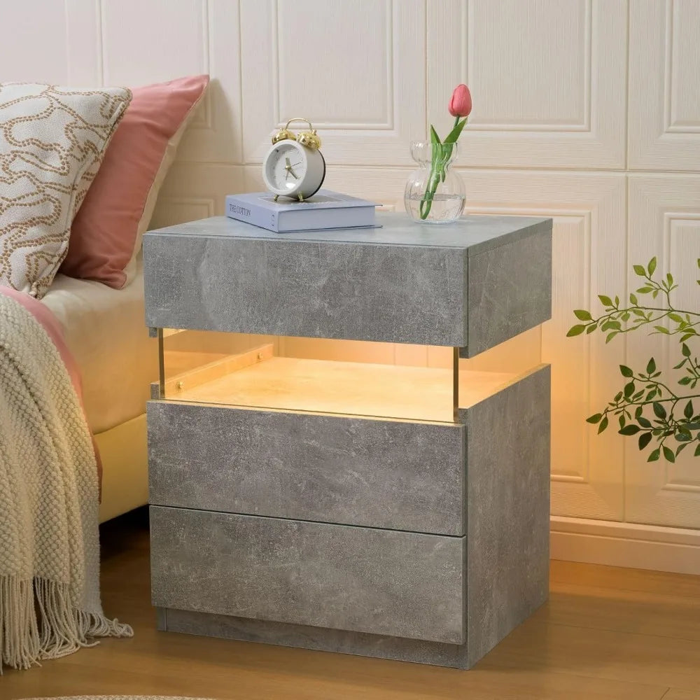 grey led nightstand set of 2,night stand set 2,modern night stand with 3 drawers,night stands for bedroom set of 2,bedside table