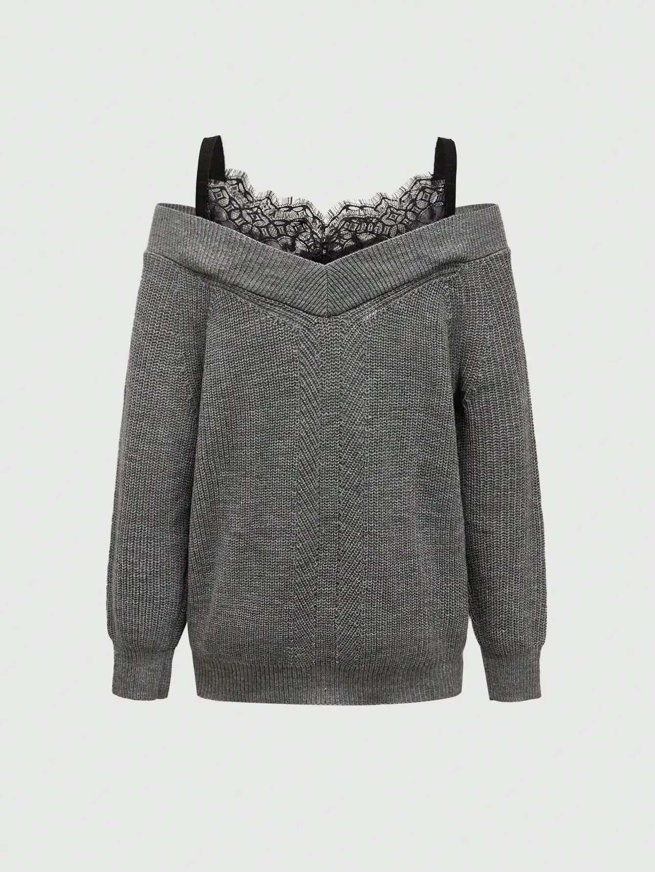 Off Shoulder Lace Trim Knit Pullover Sweater for Women, Loose Fit Elegant Style