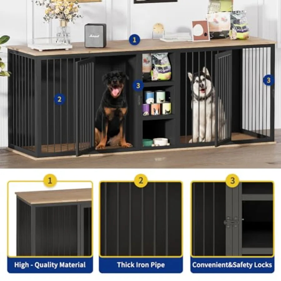 Dog Crate Furniture Indoor for 2 Dogs 79'' Farmhouse Steel Frame Wooden Dog Kennel with Adjustable Division Board and Sliding D