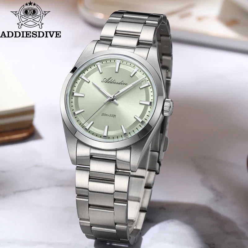 ADDIESDIVE Hot Sale Quartz Watch Simple 10Bar Steel Dive Wristwatch Bubble Mirror Pot Cover Glass Sports 36mm Men Watches AD2066