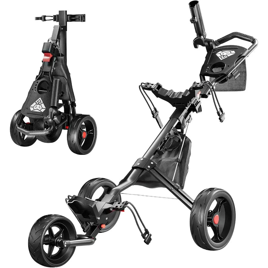 Golf Push Cart 3 Wheel Golf Cart Foldable Multiple Functions Golf Bag Cart for All Ages with Adjustable Handle - Lightw