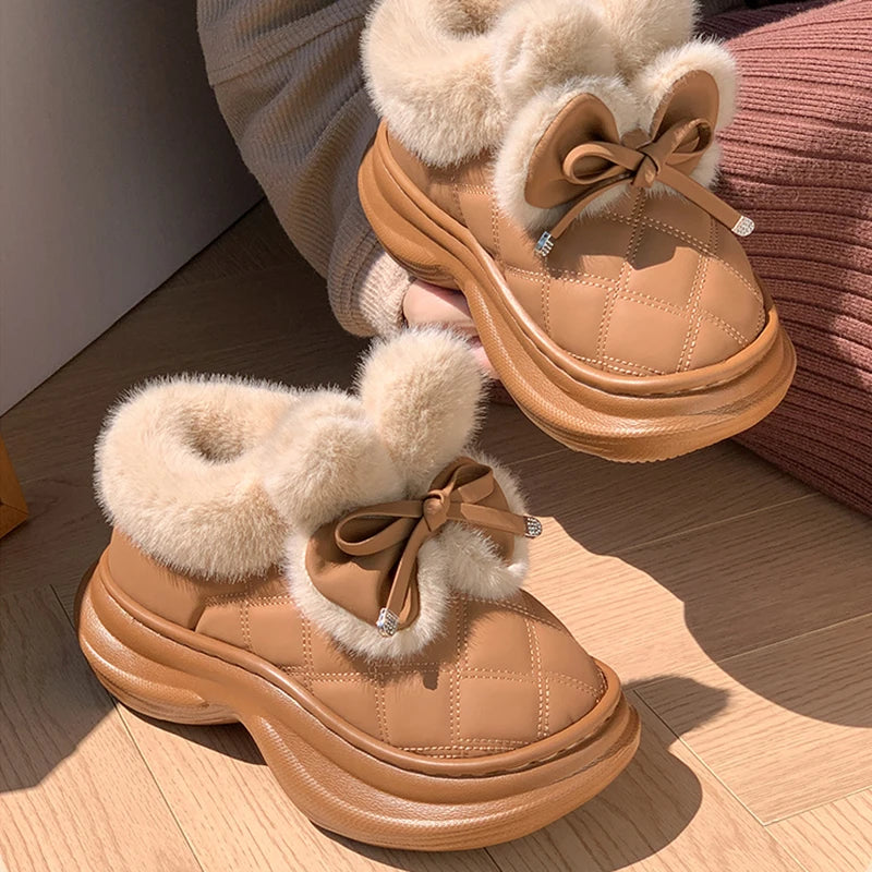 Sweet Bowknot Furry Indoor Slippers Women 2025 Winter Soft Thick Bottom Fluffy Fur Home Slippers Warm Plush Platform Slides