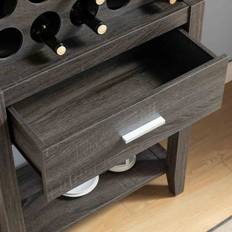 Distressed Grey Wine Bar Cabinet with Drawer & Open Shelves for Kitchen Storage