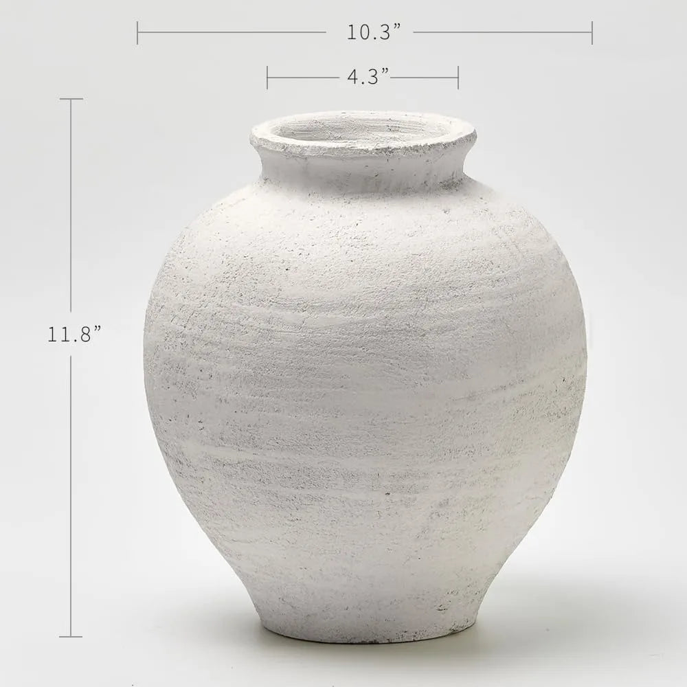 Large White Ceramic Zen Style Vase, 11 Inches Tall, Rustic Terra Cotta Pitcher, Distressed Farmhouse Decor, Pottery Art, Long Ta