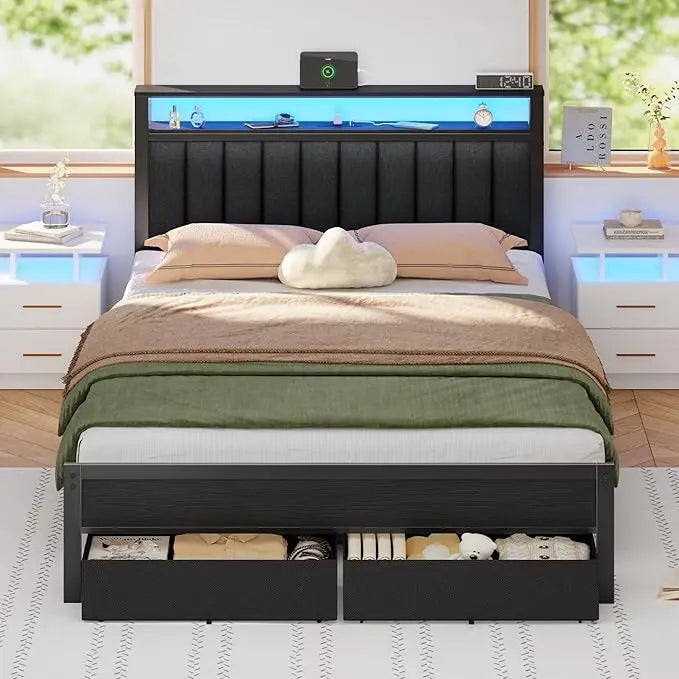 Furnulem Queen Bed Frame with Charging Station and LED Lights, Grey Upholstered Headboard with Shelves, Metal Platform Bed with