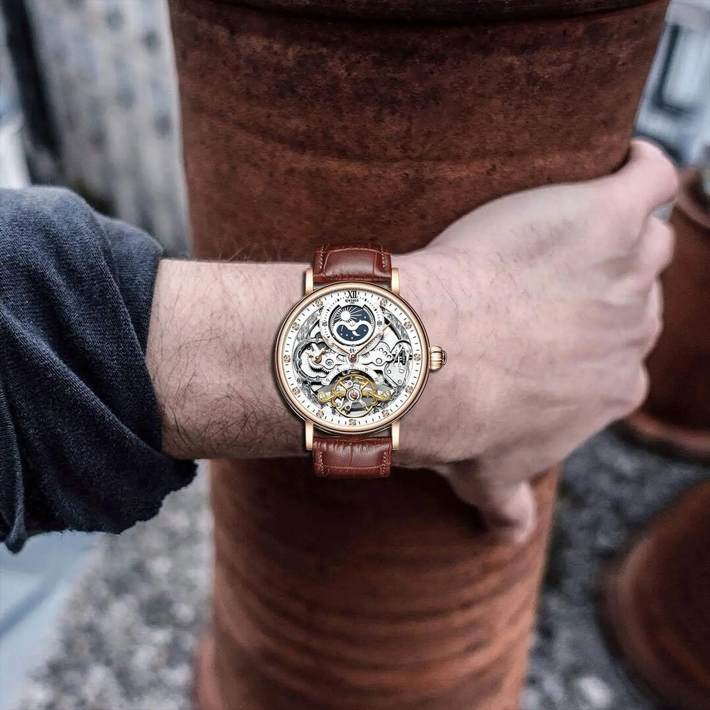 Men's Luxury Skeleton Automatic Mechanical Watch with Leather Strap, Moon Phase, Luminous Hands