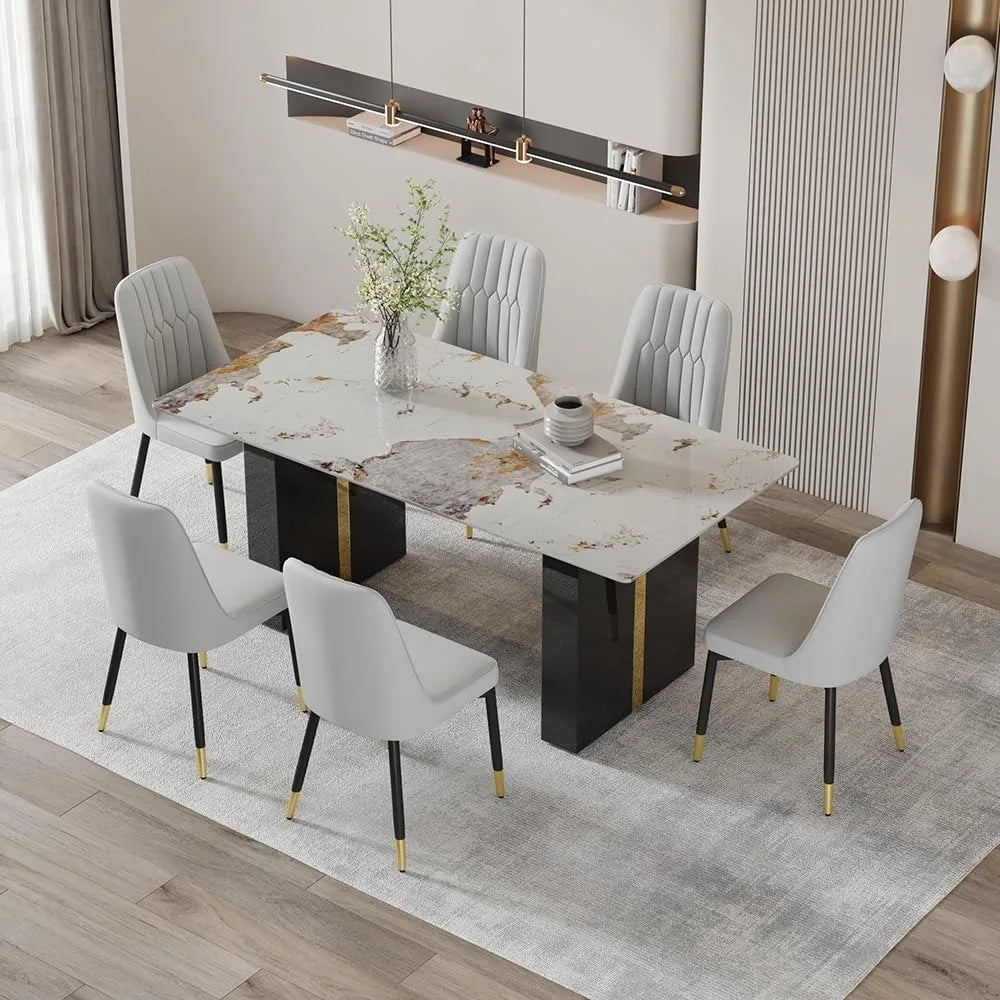 6-Person Modern Faux Marble Dining Table Set with 7 Chairs for Kitchen and Dining Area