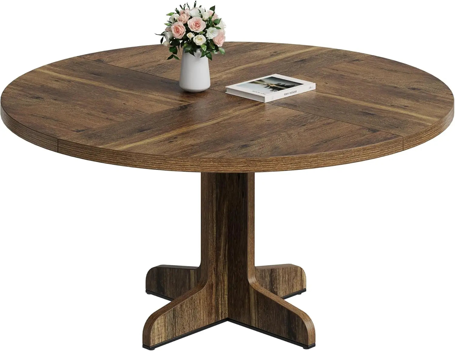 Round Dining Table for 4, 47 Inch Farmhouse Circle Kitchen Table with Wood Tabletop and Stable Base, for Home Dining Room Living