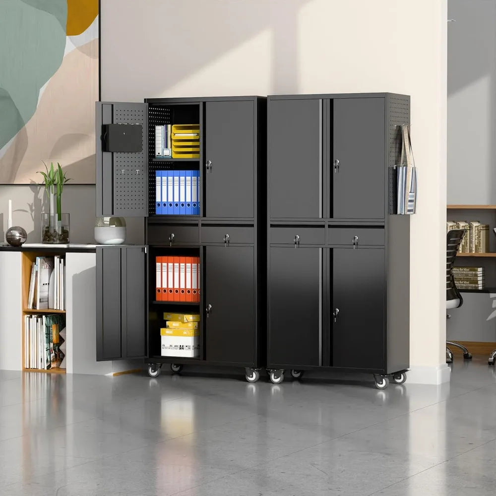 71" Metal Garage Storage Cabinet with 8 Hooks and Pegboards,2 Drawer Rolling Tool Storage with Locking Doors and, Customized