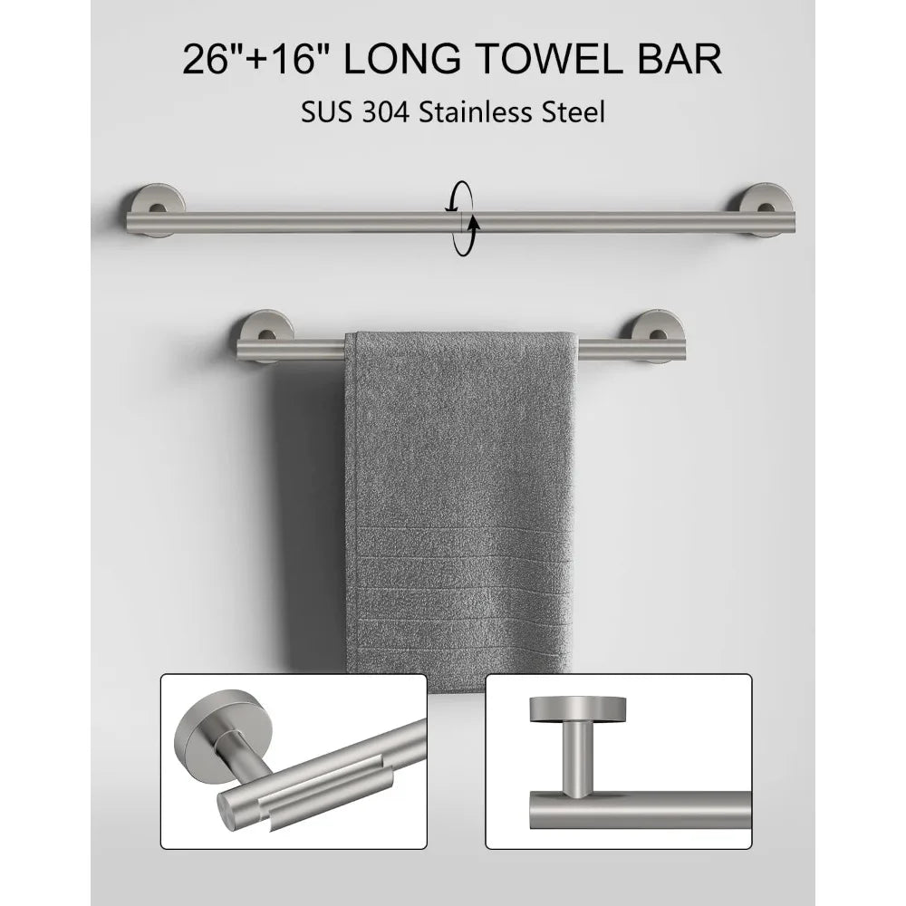 Stainless Steel Bathroom Hardware Accessory Set - 12 Piece Brushed Nickel Towel Holder and Rack Combo for Modern Bath Design