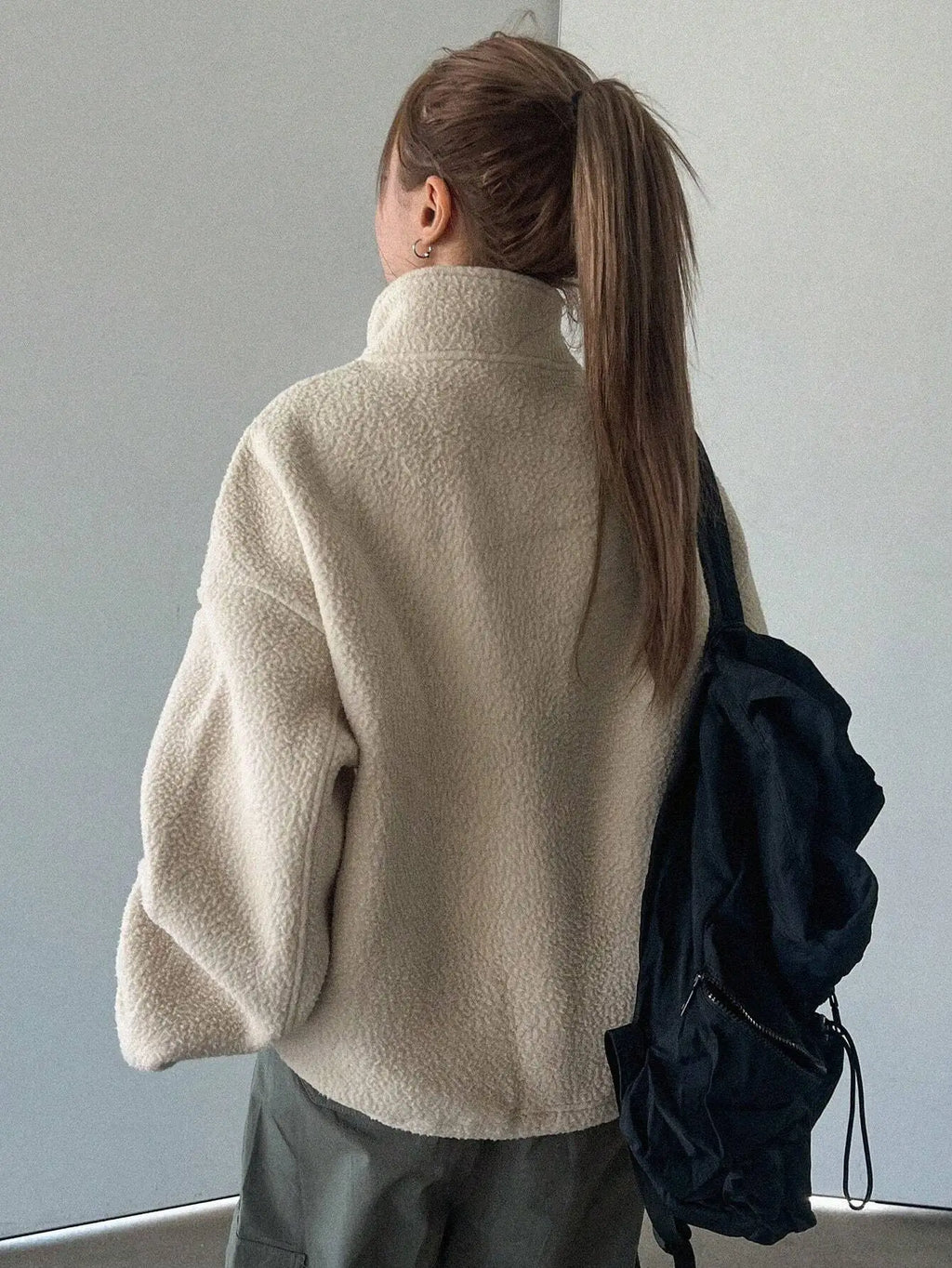 Oversized Half Zip Teddy Sweatshirt for Women, Drop Shoulder Long Sleeve Funnel Neck Casual Top, Apricot